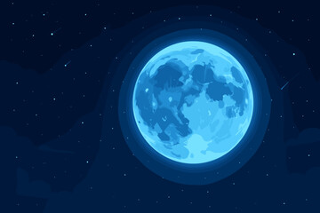 Blue moon vector illustration. Full moon on a dark starry night sky with falling stars. Cartoon celestial background. Magical, fantasy midnight sky with clouds and meteorite shower.