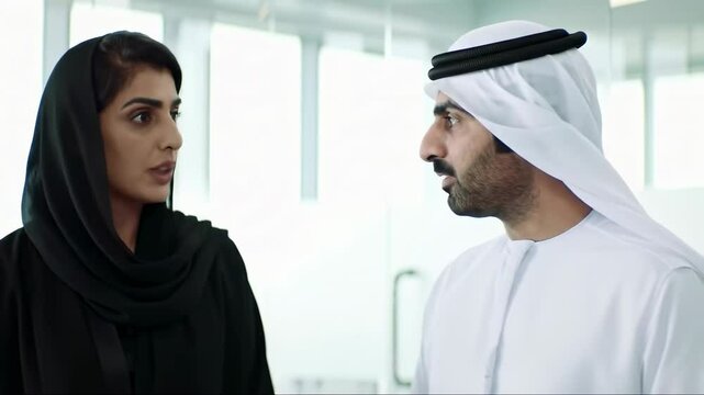 Portrait of Muslim Arab man in kandura and woman in traditional abaya discussing business decisions during a meeting in an office
