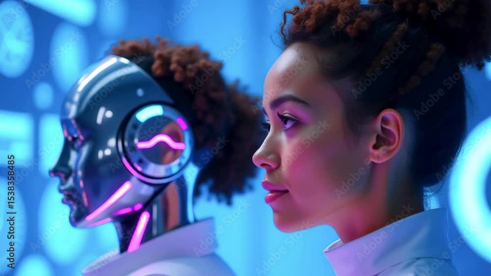 Poster futuristic scene featuring a human and a robotic figure side by side in a high-tech environment
