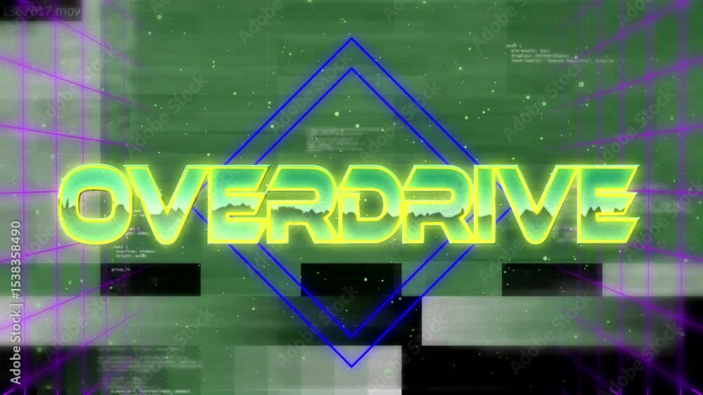 Poster animating neon text overdrive materializing on glitchy grid, static particles, blue diamond outline