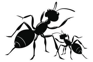A large black ant silhouette walks beside a smaller ant on a white background