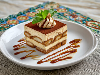Exquisite Tiramisu Cake in Fine Dining – Coffee-Infused Elegance with Mascarpone Cloud