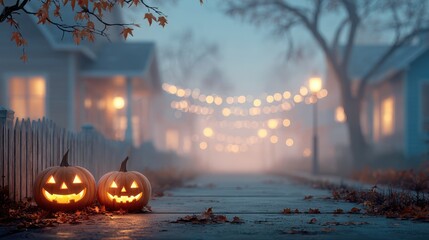 Spooky halloween night with jack-o'-lanterns suburban street atmospheric photography foggy environment nighttime view festive concept