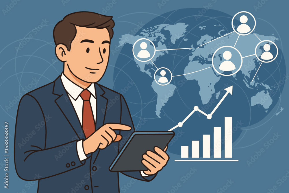 Poster businessman using tablet for global digital strategy. corporate manager analyzing financial data wit
