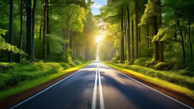 An asphalt road cuts through the forest, drawing the eye to the horizon. Sunlight plays on the foliage, creating an atmosphere of tranquility and endless travel possibilities.