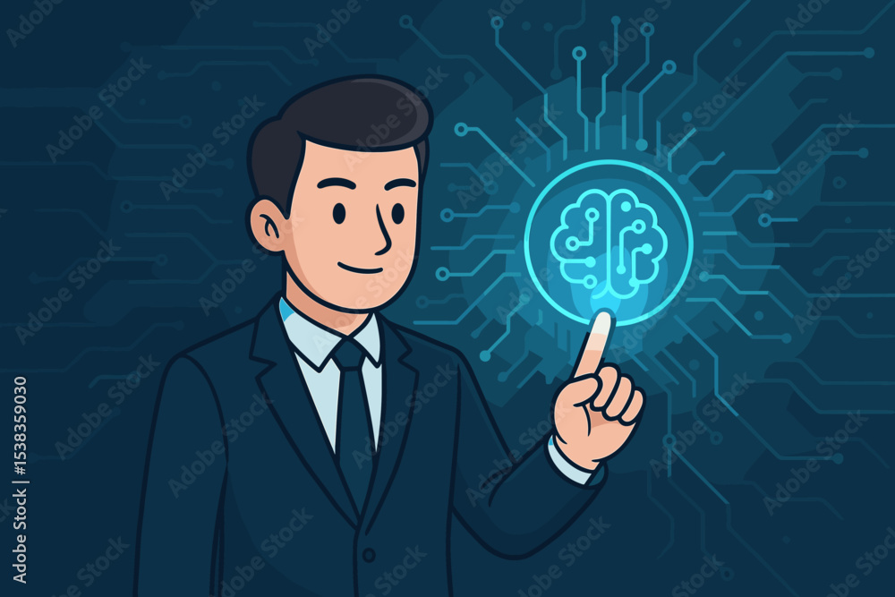 Aufkleber businessman touching glowing ai brain icon on futuristic circuit board. concept of artificial intell
