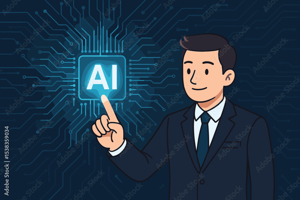 Poster businessman touching a glowing ai button on a futuristic circuit board. artificial intelligence conc