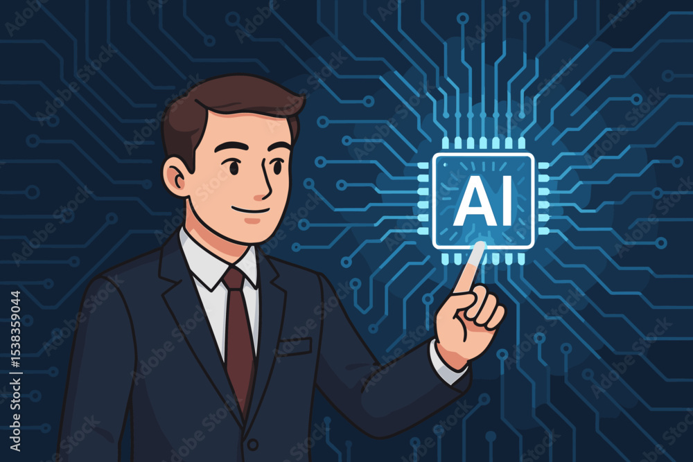 Poster businessman pointing at glowing ai chip icon. artificial intelligence, machine learning, neural netw