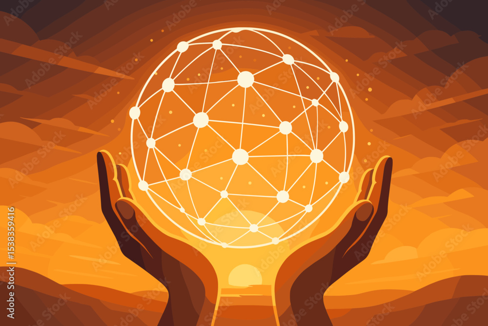 Poster concept of global connection and technology. hands holding a glowing network globe over a sunrise. m