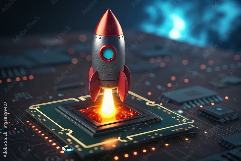 Poster powerful startup rocket launching from computer chipboard illustrating technological innovation and 