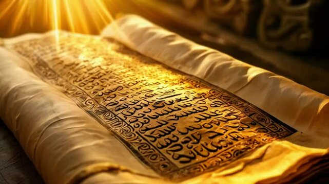 ancient hebrew scroll unfurled on parchment intricate calligraphy visible golden light illuminates the aged text creating an aura of wisdom and history.