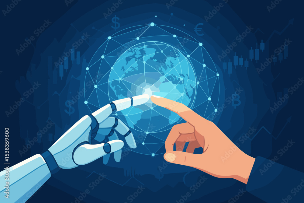 Aufkleber ai in finance and fintech concept. human and robot hands connecting over a global network with stock