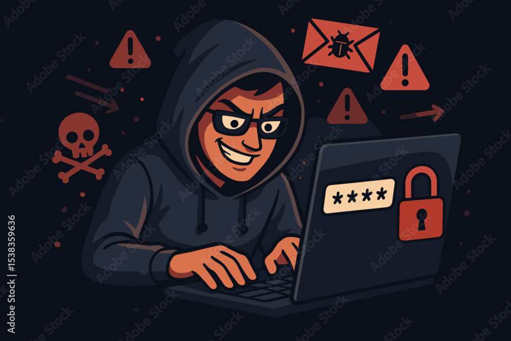 Poster hacker at computer illustration. cybersecurity threat concept with cybercriminal stealing passwords.