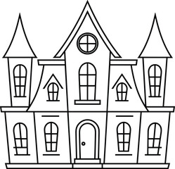 Spooky House Line Art Vector Illustration with Tall Towers and Gothic Windows