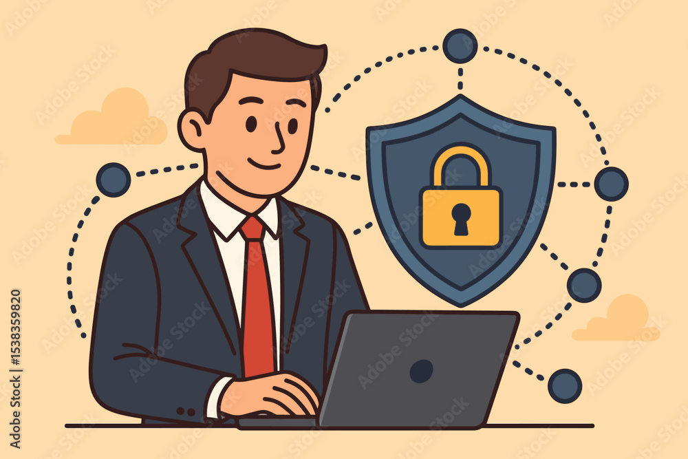 Poster cybersecurity concept. businessman works on laptop with security shield and lock. network data prote