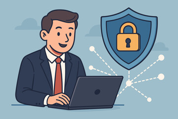 Businessman working on a laptop with a cybersecurity shield. Concept of data protection, online network security, internet privacy, and information technology. Secure access illustration.