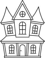 Cute Spooky House Line Art Vector Illustration with Pointed Roofs and Arched Windows