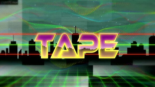After opening, neon TAPE text emerging in city skyline, with grid floor, pulsing scan line waveform