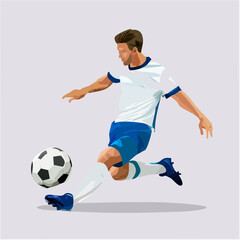 Obraz premium A dynamic low poly illustration of a soccer player kicking the ball, showcasing movement and action in a vibrant and modern vector style
