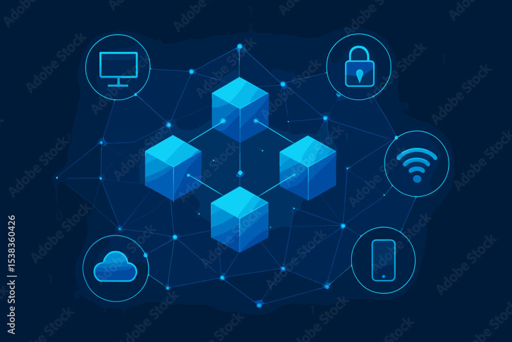 Poster blockchain technology concept. isometric blocks on a futuristic digital network. vector illustration
