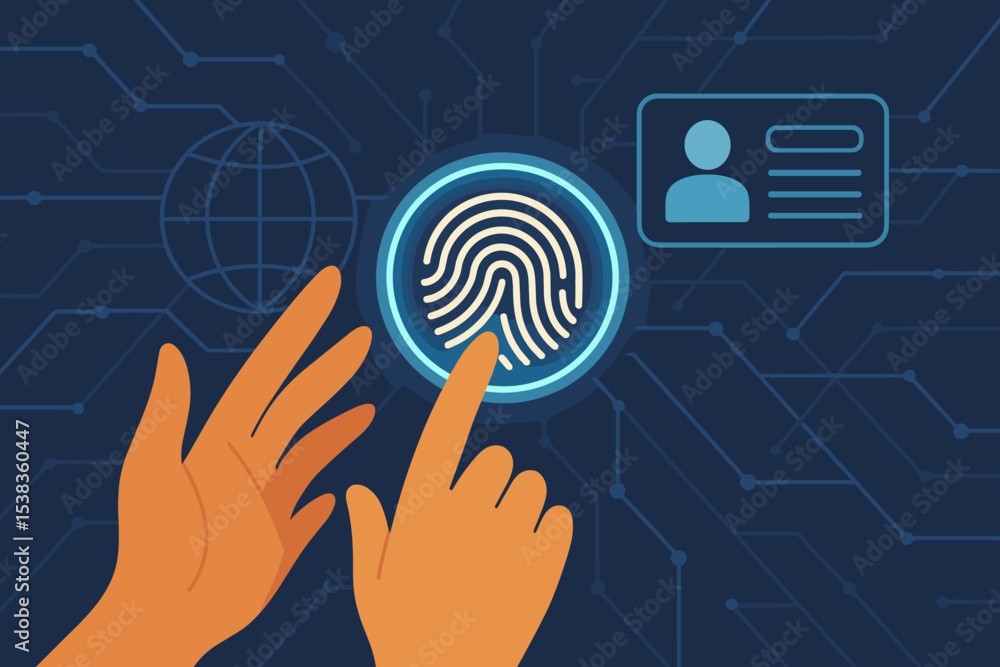 Poster biometric authentication concept. fingerprint scanner for user identification. cybersecurity and dat