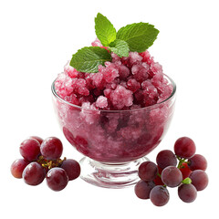 Red grape granita dessert in glass bowl with mint leaves, isolated on transparent or white background	
 