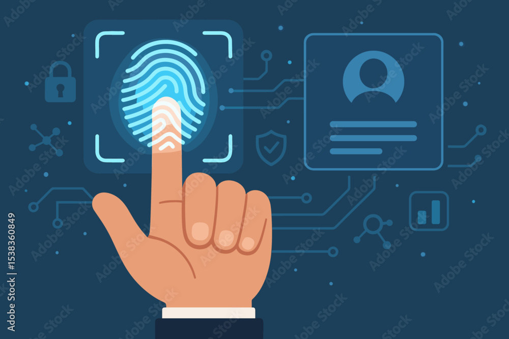 Poster fingerprint scan for biometric authentication and security access control. hand touching digital sca