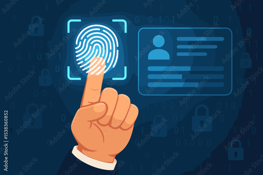 Poster fingerprint scan for security access. biometric authentication concept. hand touching digital screen
