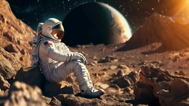 Astronaut Sitting on Rocky Terrain of an Alien Planet. High-Quality Space Exploration Concept.