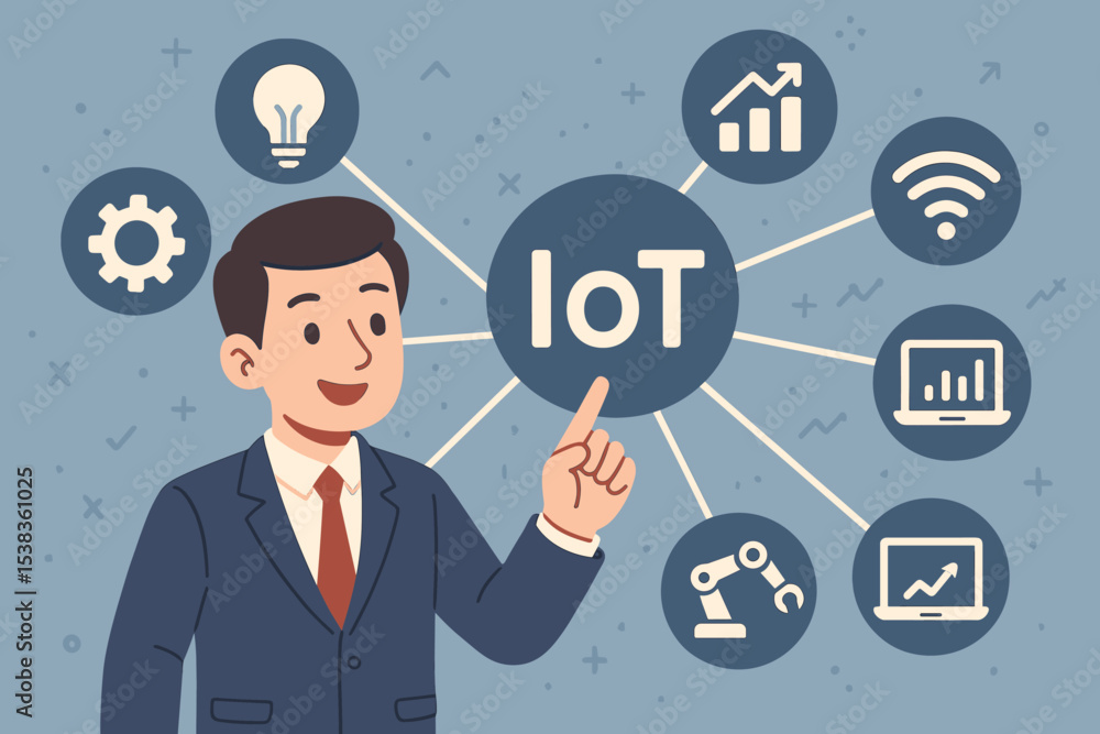 Poster businessman presenting the internet of things (iot) concept. man in suit pointing at a network diagr