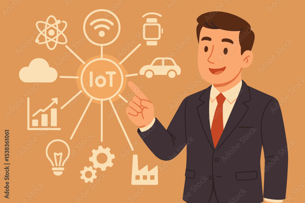 Poster internet of things iot technology concept with businessman pointing at network diagram. smart device