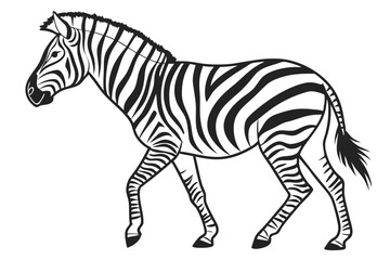 Monochrome zebra strolls gracefully across the frame with black and white stripes defining its form