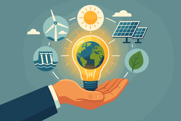 Green energy and sustainability concept. Hand holds light bulb with planet Earth inside. Icons of renewable resources: solar panel, wind turbine, hydro power. Eco friendly innovation.