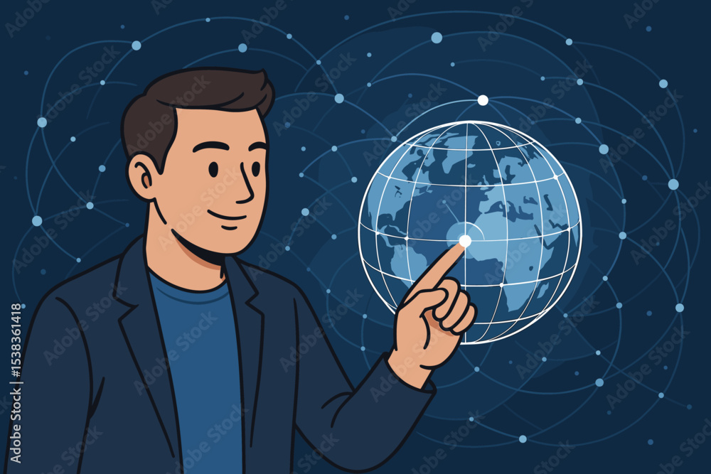 Poster man pointing at glowing world map hologram. global business network concept, communication, internet