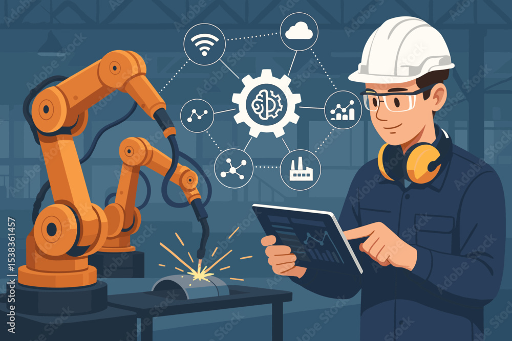 Poster smart factory automation concept. engineer controlling robotic arm welder with tablet. industry 4.0 