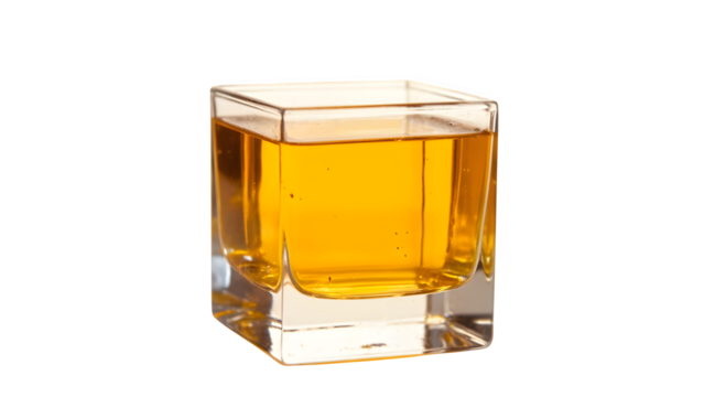 A clear cube containing amber liquid placed on a white surface
