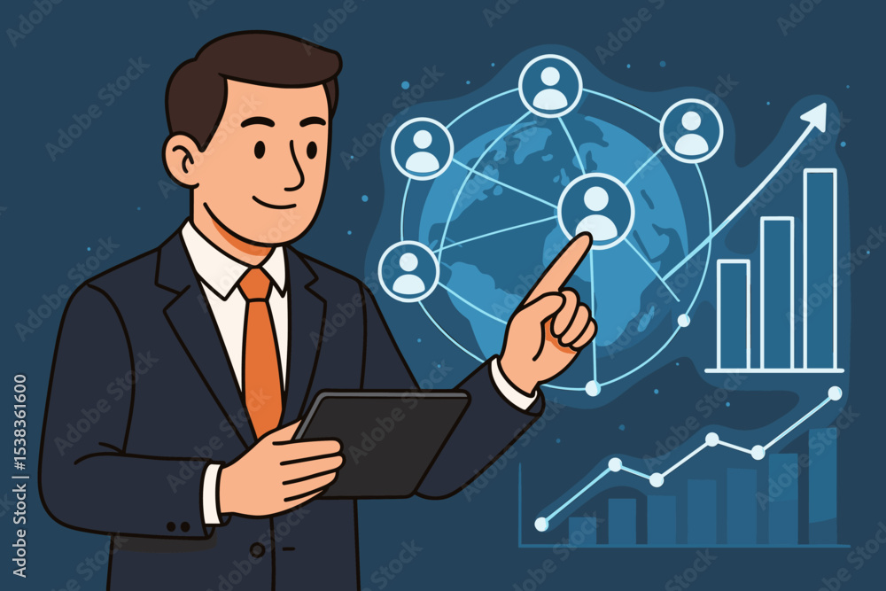 Aufkleber global business strategy concept with businessman analyzing data on a tablet. manager pointing at a 