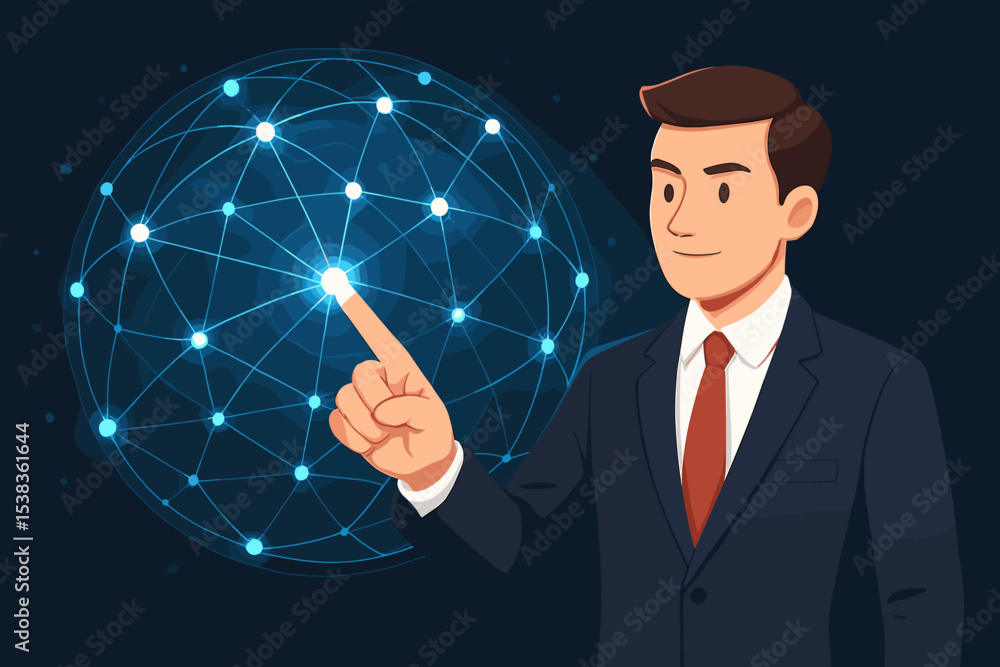 Aufkleber businessman touching global network connection. man in suit interacts with digital sphere. technolog