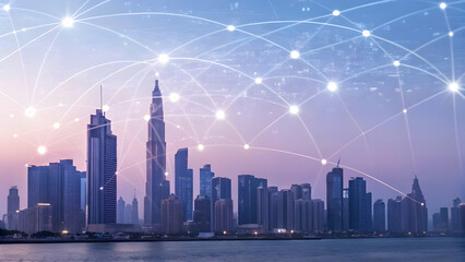 Modern city skyline at dusk illuminated by a network of interconnected data points
