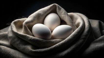 Three White Eggs Nestled in a Soft, Textured Fabric A Still Life Photography