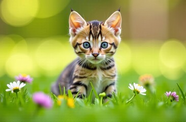 Cute small kitten on green grass, close-up. Ideal for pet product branding, veterinary clinics, animal care promotions, website backgrounds, and adorable nature-themed visual content.