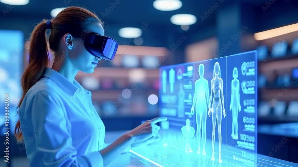 Poster woman using virtual reality headset to interact with holographic human anatomy display in tech store