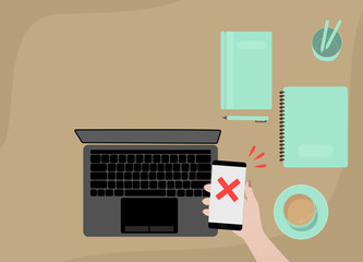 Flat illustration work from home. Business man holding smartphone with error alert illustration, cartoon mobile phone and warning icon, alarm or attention message notification.