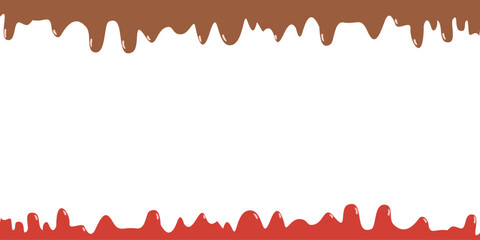 Melting fruit and chocolate ice cream texture. Vector realistic illustration of liquid sweet flow, brown and red paint splash, seamless dessert glaze border, creamy yogurt, choco frosting layer