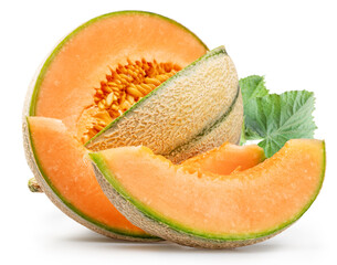 Cantaloupe melon with melon slices isolated on white background. File contains clipping path.