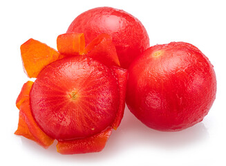 Three peeled cherry tomatoes isolated on white background. © Екатерина Иванова
