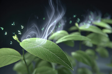 Green leaf with visible veins emits gentle humming vibrations, shown as musical notes and soft mist, creating magical and calming atmosphere in natural setting