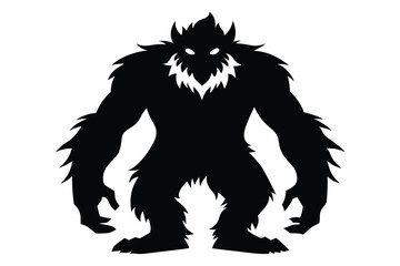 Silhouette of a large hairy monster standing aggressively stares forward menacingly with glowing eyes
