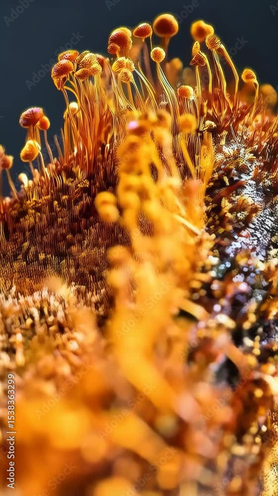 Poster abstract close-up of orange branching structures with small bulbous tips against a dark background, 