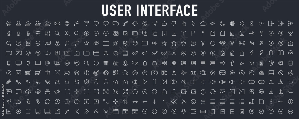 Poster user interface ui, ux web icons in line style. user, profile, message, mobile app, document file, so